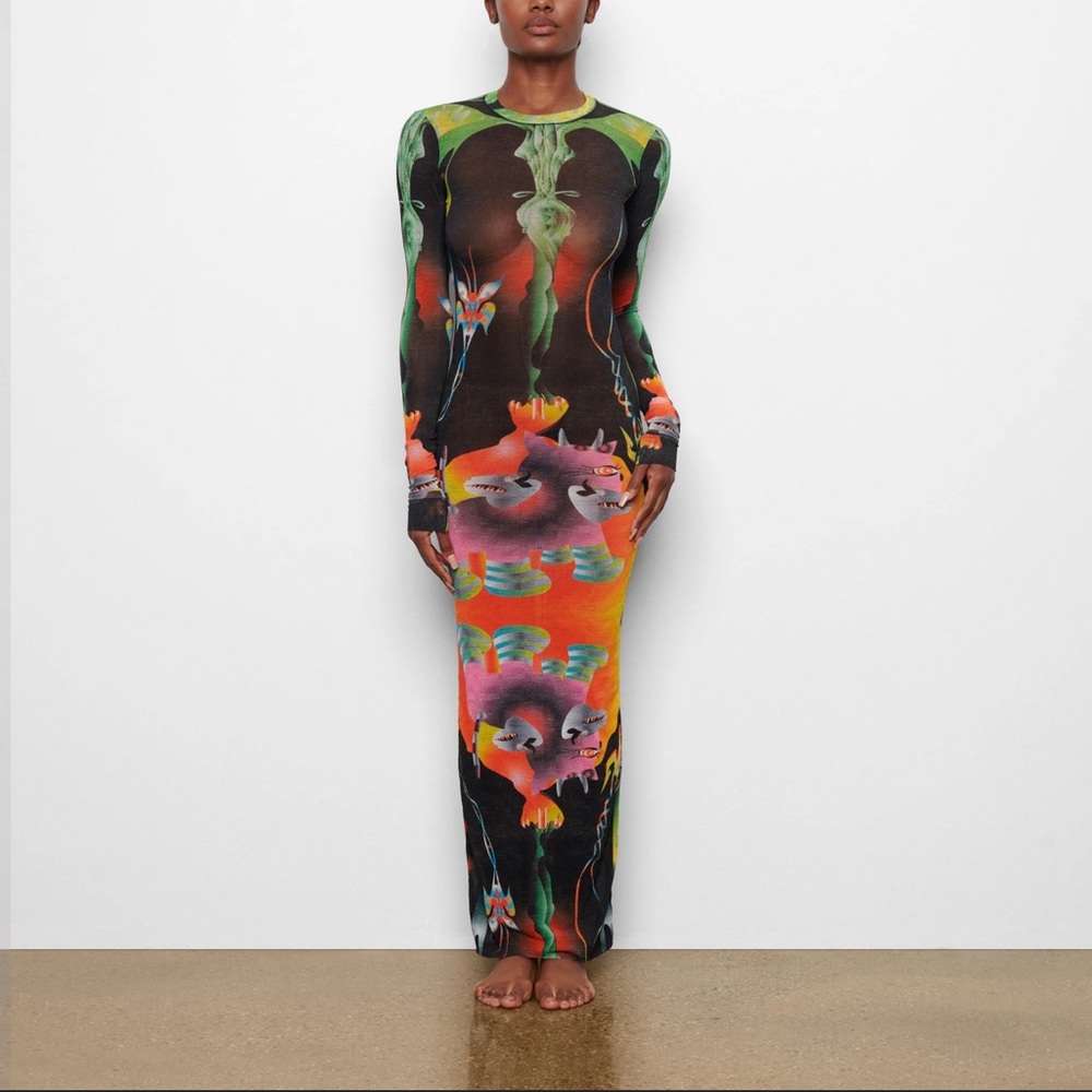 SKIMS - summer mesh long sleeve dress in Obsidian print - like new, xsmall